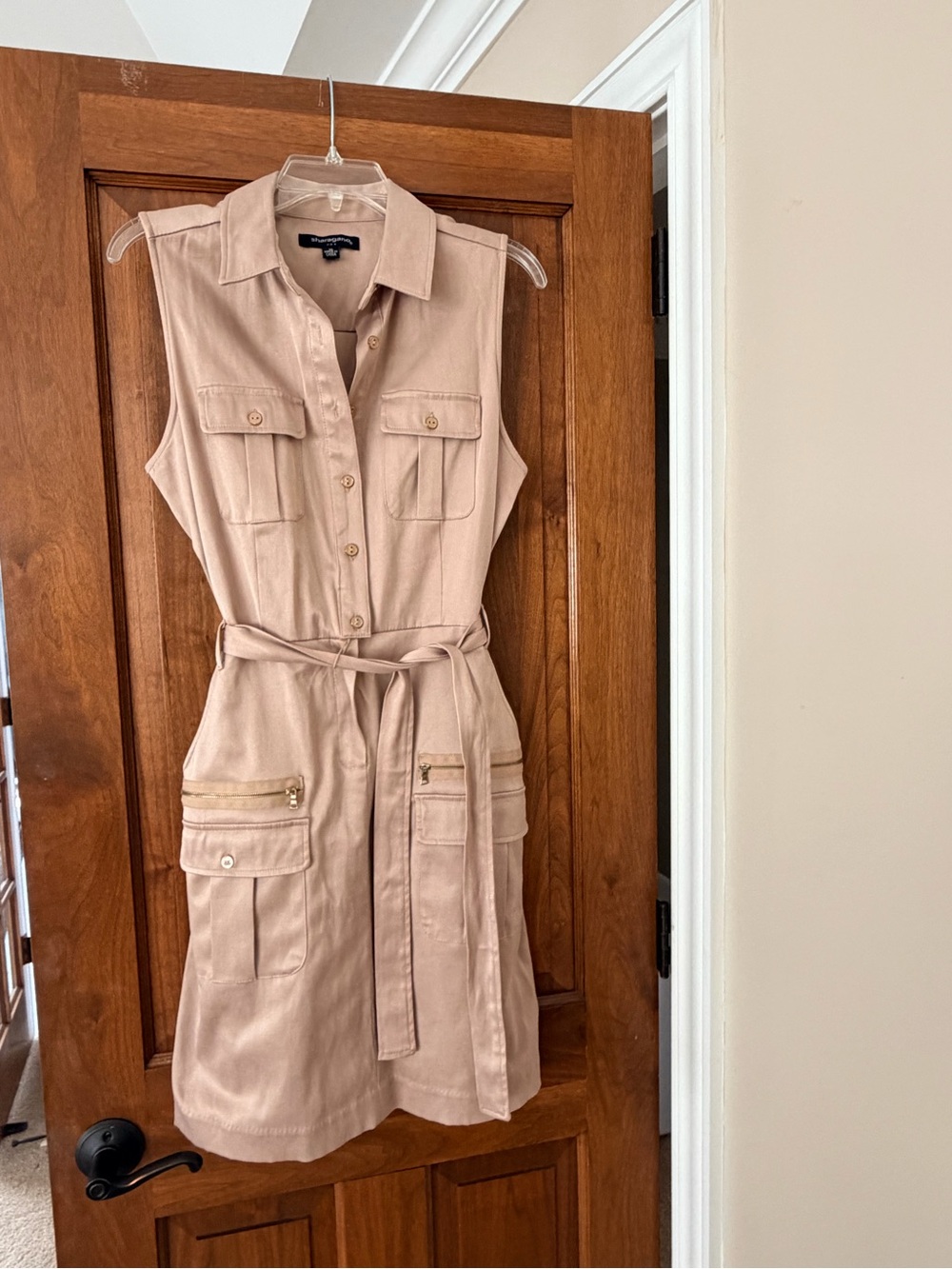 Sharagano Sleeveless Utility Dress in Beige with Gold Hardware
